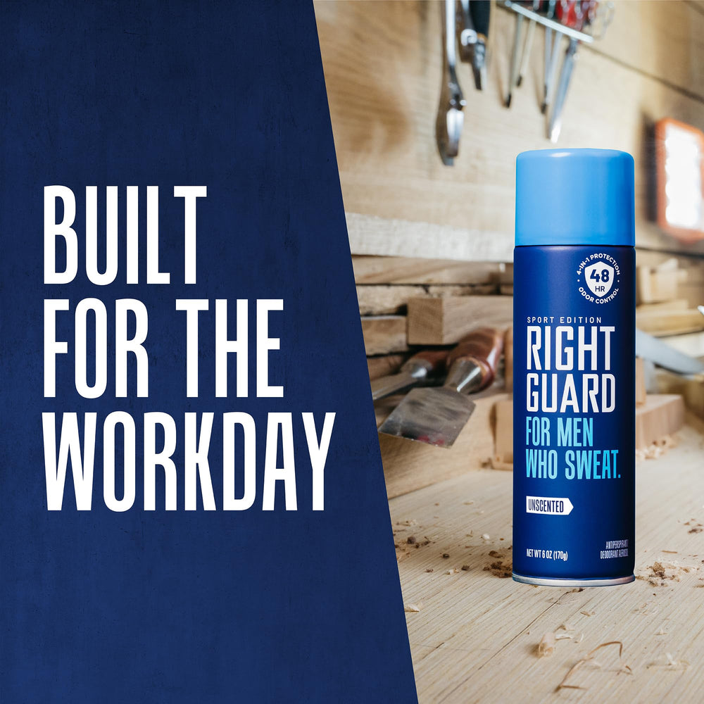 Right Guard can in a gym bag lifestyle shot offering reliable on-the-go protection