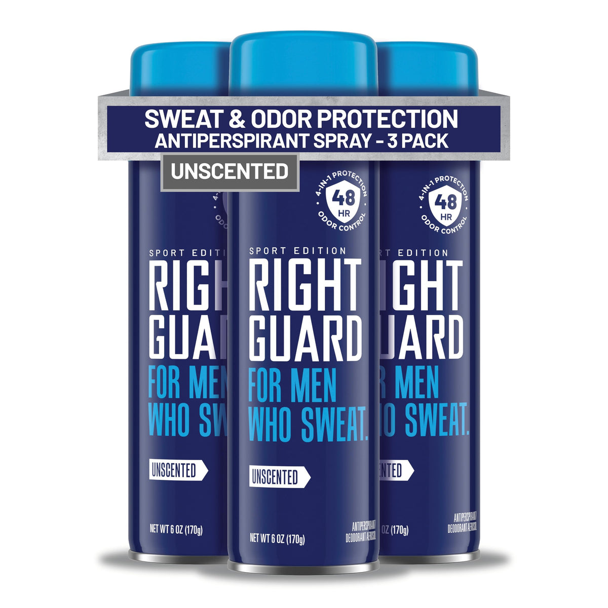 Right Guard spray front packaging showing clean unscented design and protection