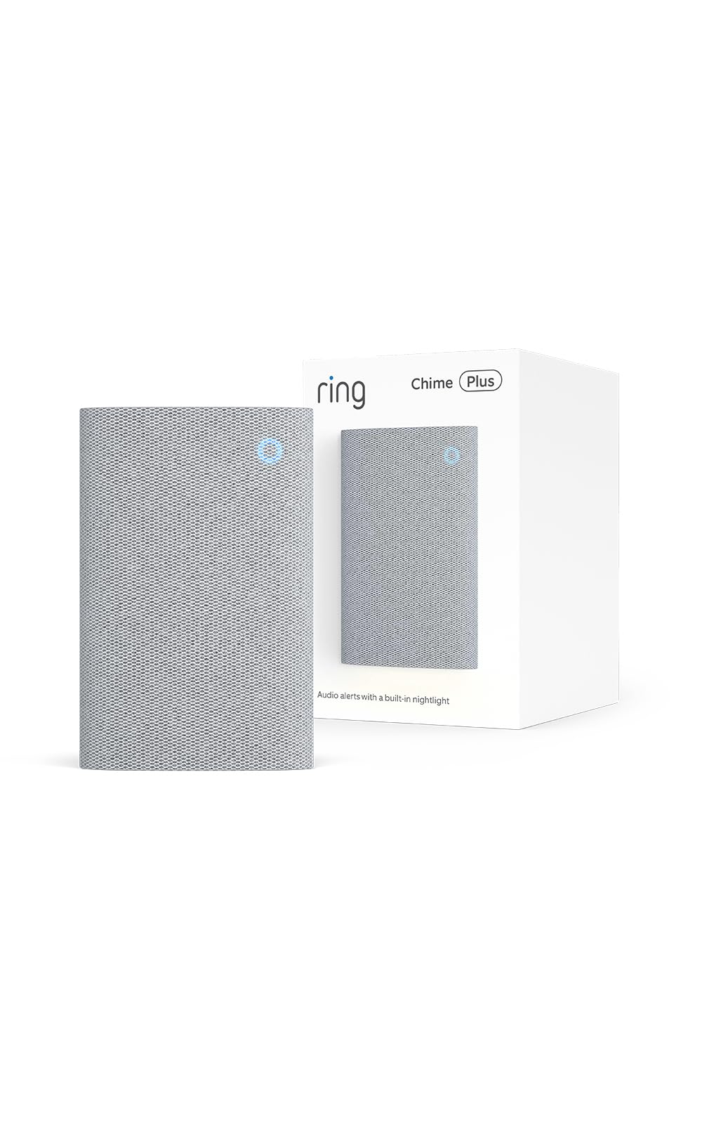 Ring Chime Plus front view showing white housing and speaker, enhances alert audibility