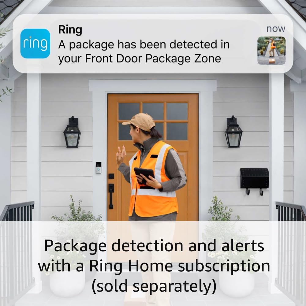 Ring installed by front door in lifestyle scene showing quick visitor monitoring