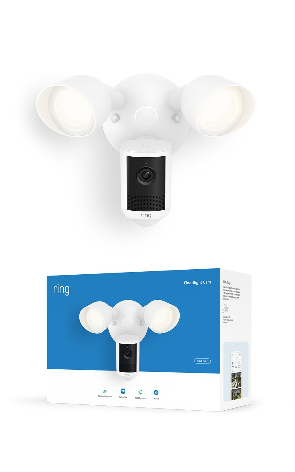 Ring Floodlight Cam 2K front view showing dual lights and camera, enhances property monitoring