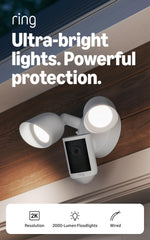 Ring Floodlight Cam 2K illuminated at night, ultra-bright lights increase visibility and deterrence