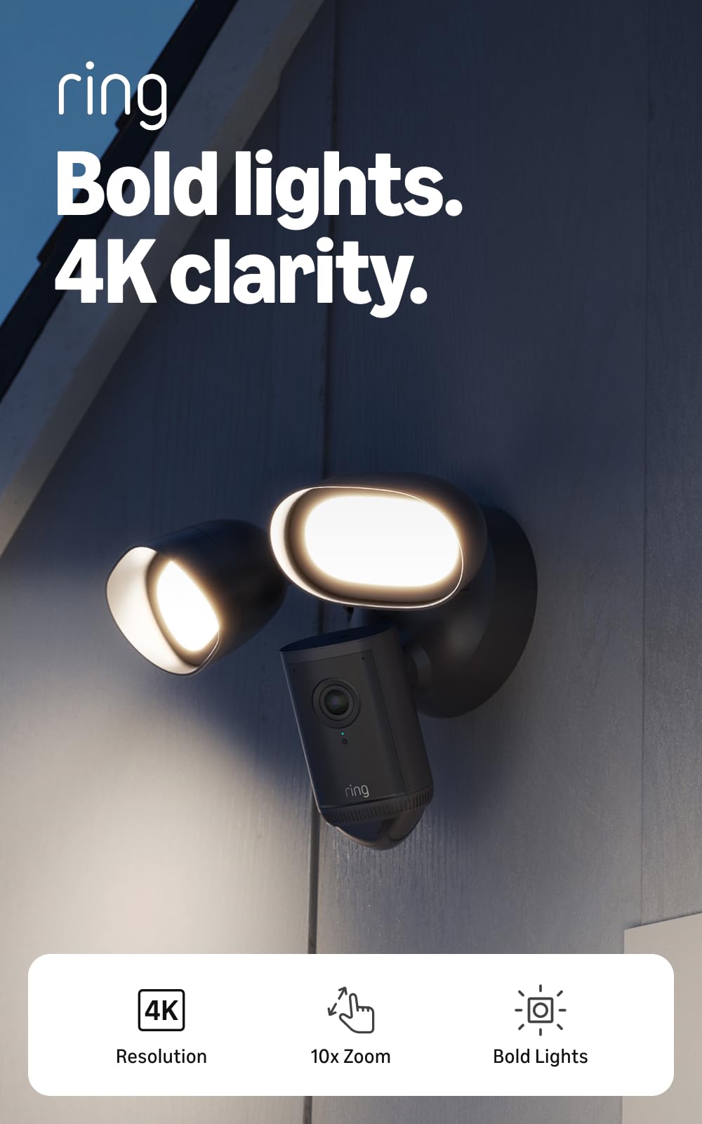 Ring Floodlight Cam 4K Pro side profile with floodlight arms, highlights expansive coverage
