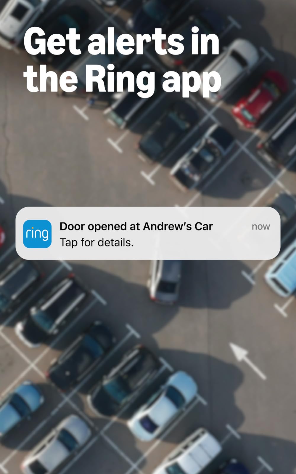 Ring tracker in a driveway lifestyle shot showing peace of mind and vehicle security benefit