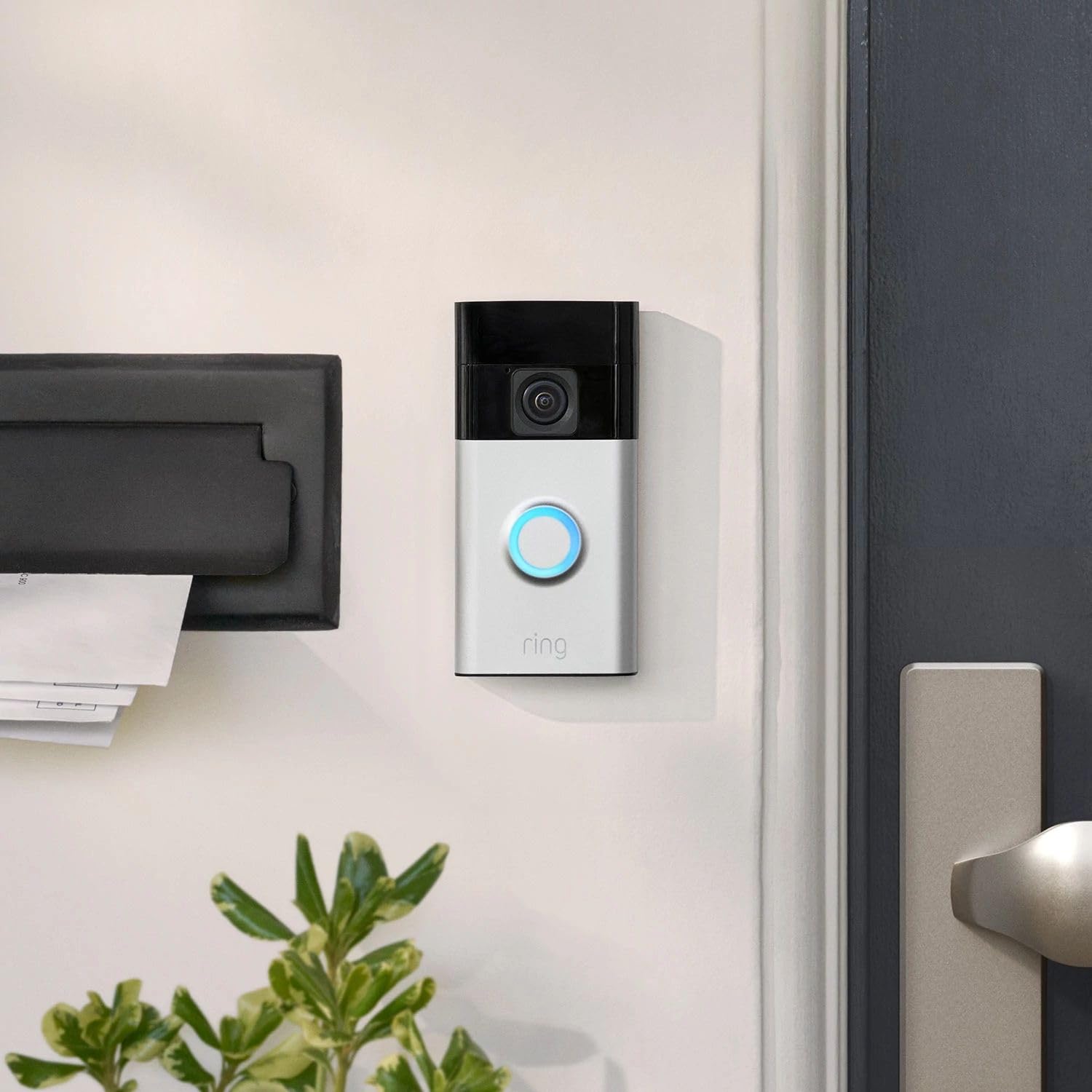 Ring No-Drill Mount installed beside a front door showing tidy, renter-friendly placement