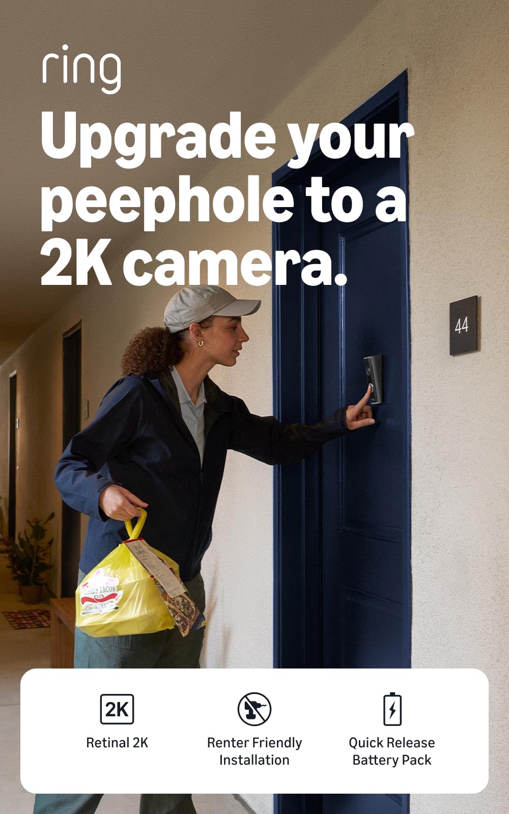 Ring Peephole Cam side profile installed in a door, demonstrating renter-friendly fit