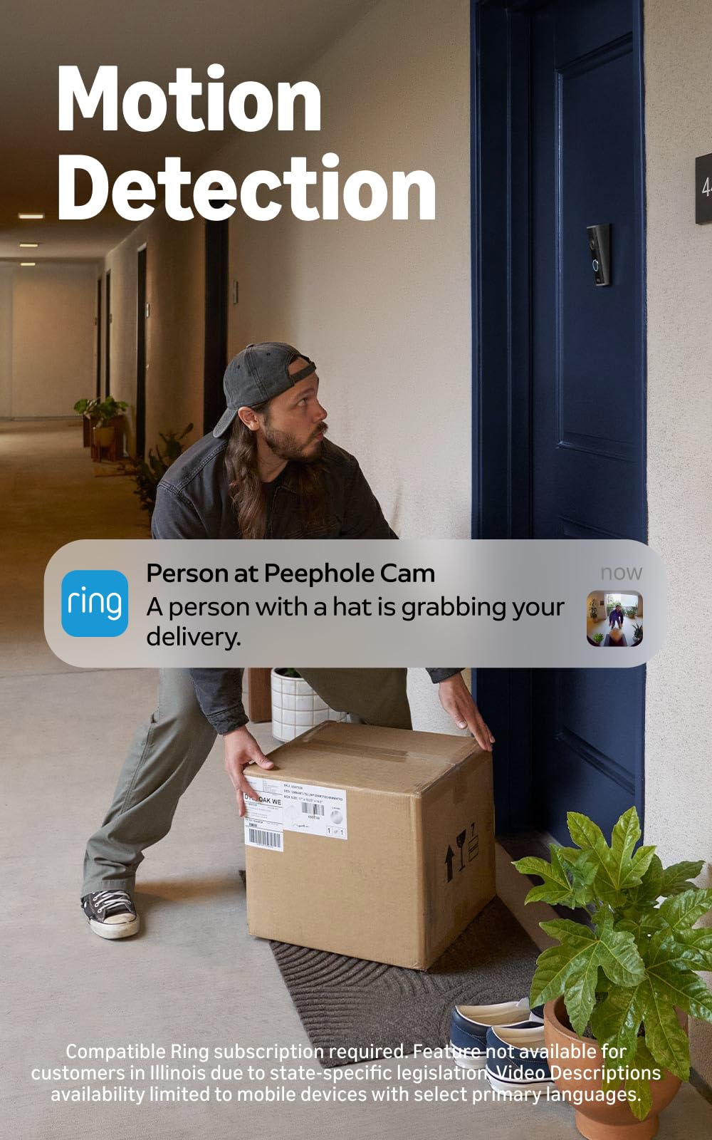 Porch scene showing Ring Peephole Cam zoomed on package, improving detail visibility