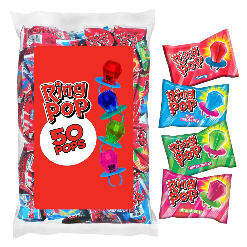Ring Pop front packaging showing brand and colorful candy, perfect for party supply.