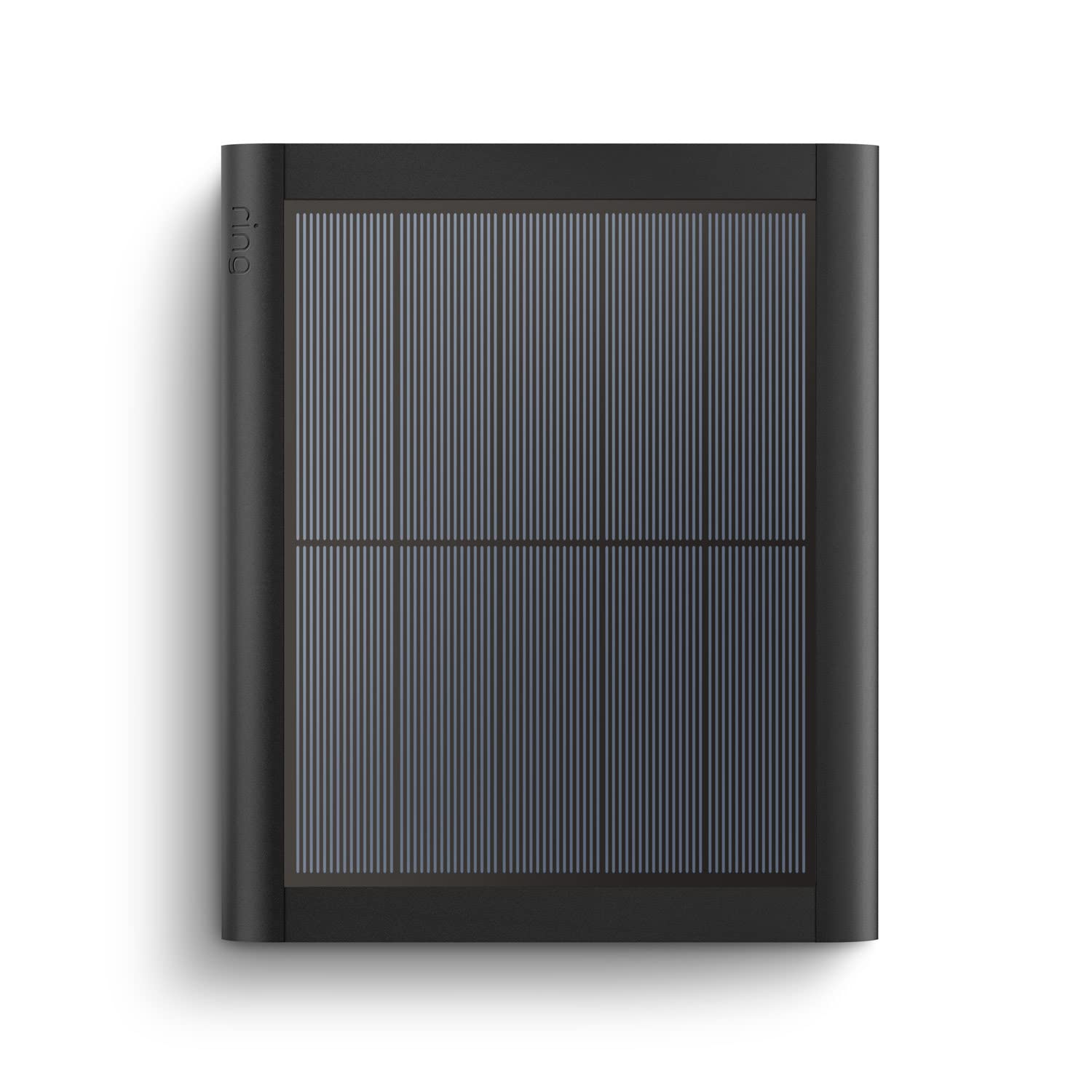 Ring solar panel front view showing sleek black panel and mounting arm, keeps cameras powered