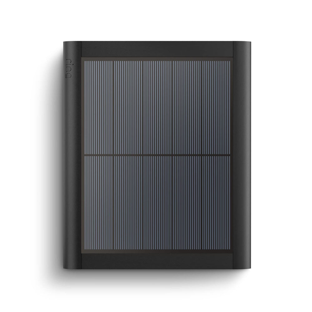 Ring solar panel front view showing sleek black panel and mounting arm, keeps cameras powered