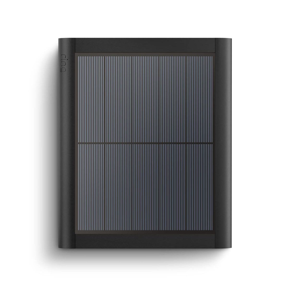 Ring solar panel front view showing sleek black panel and mounting arm, keeps cameras powered