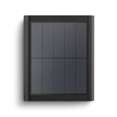 Ring solar panel front view showing sleek black panel and mounting arm, keeps cameras powered