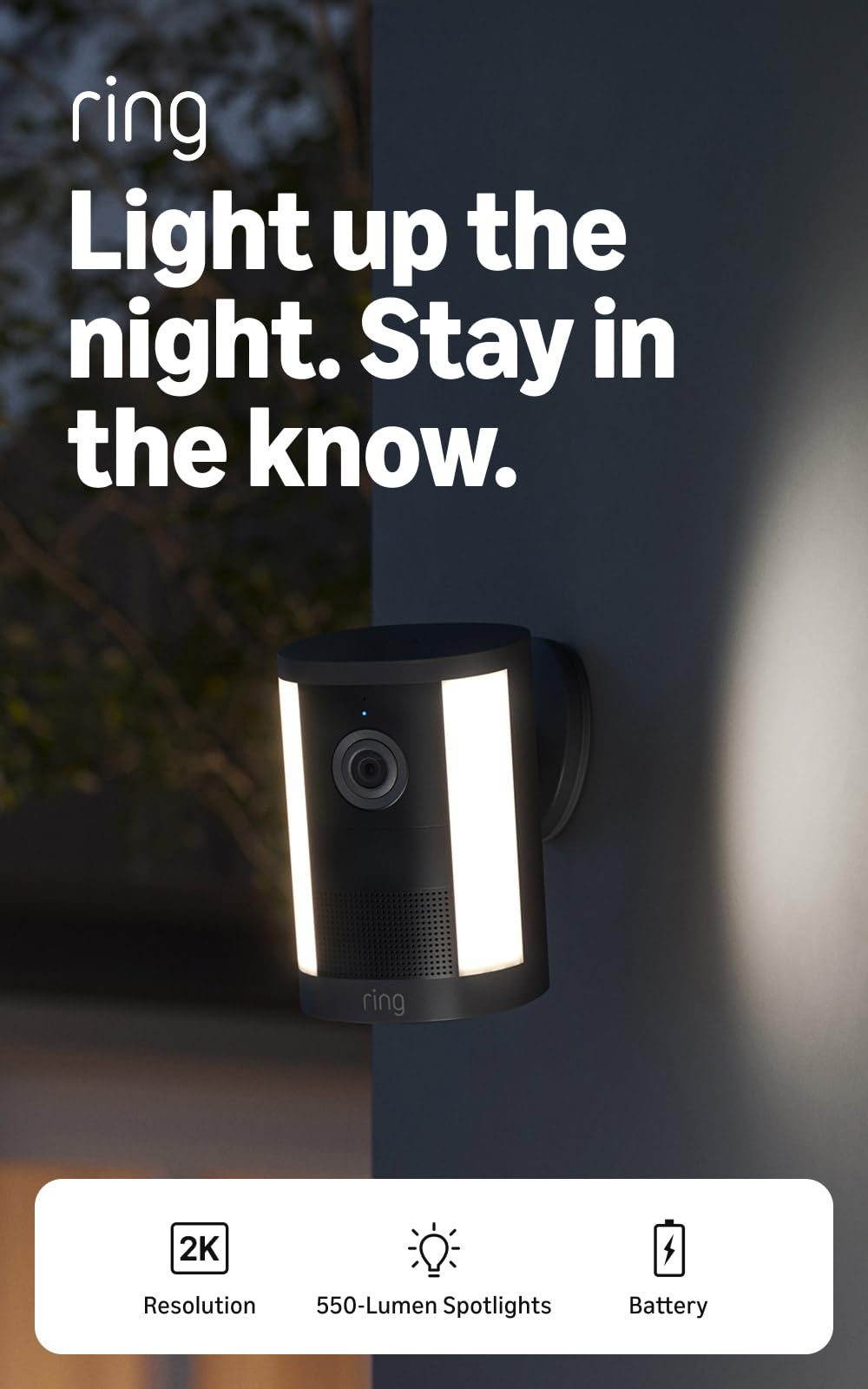 Ring Spotlight Cam 2K side profile mounted on wall, illustrates flexible placement