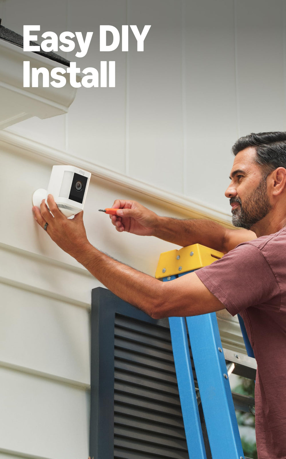 Ring Spotlight Cam Plus label and ports detail showing setup and connectivity benefits