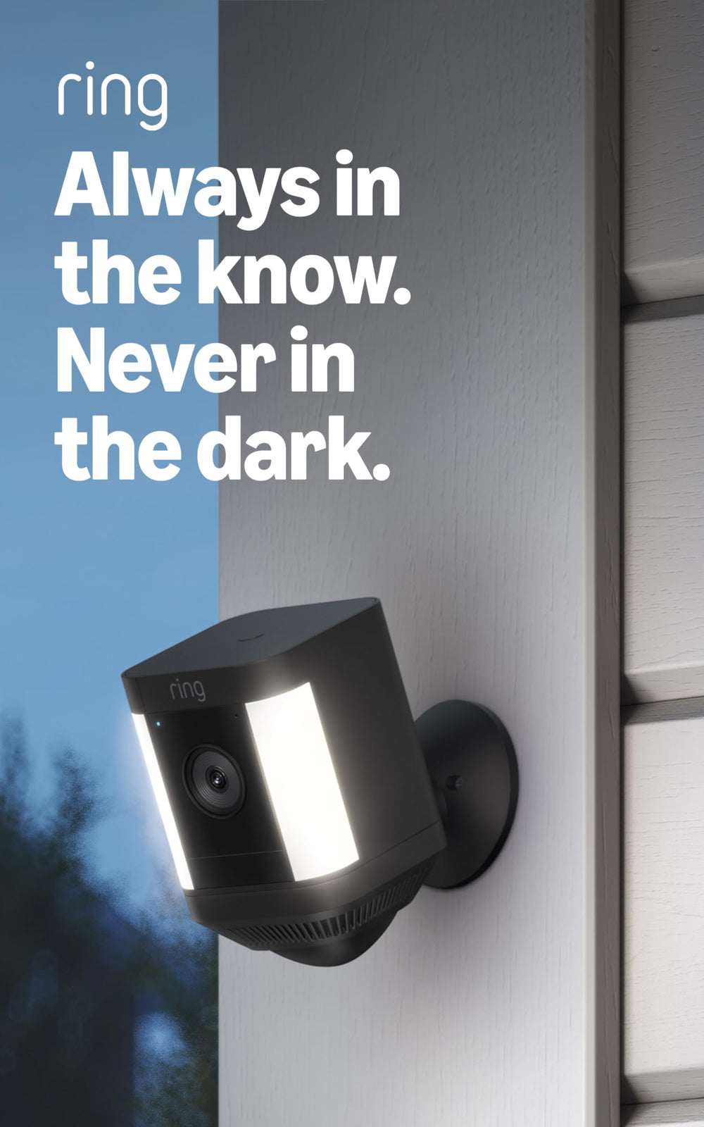 Ring Spotlight Cam Plus side profile highlighting dual LED spotlights and weatherproofing benefit