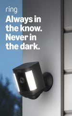 Ring Spotlight Cam Plus side profile highlighting dual LED spotlights and weatherproofing benefit