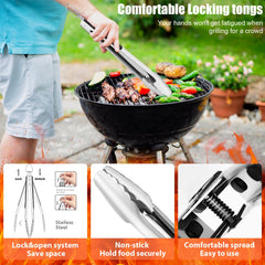 RINPIR grilling tools in use flipping steak demonstrating safe long-handle reach