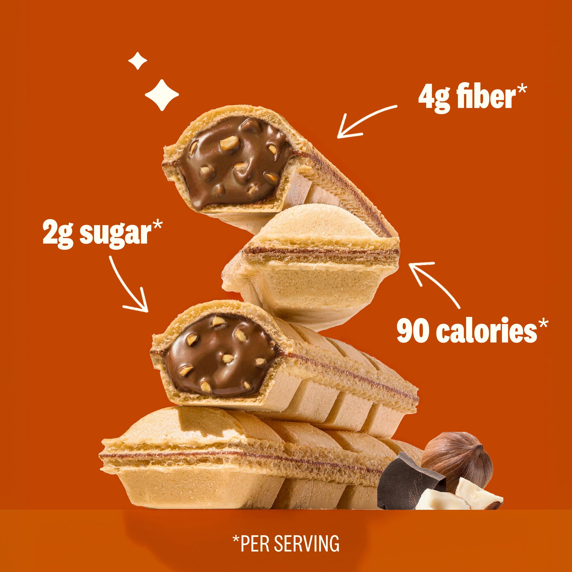 Rip Van Wafels cross-section showing hazelnut-chocolate filling benefit