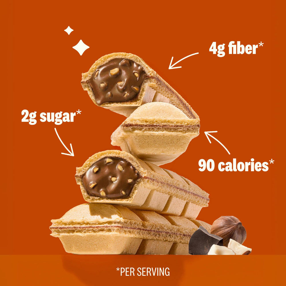 Rip Van Wafels cross-section showing hazelnut-chocolate filling benefit