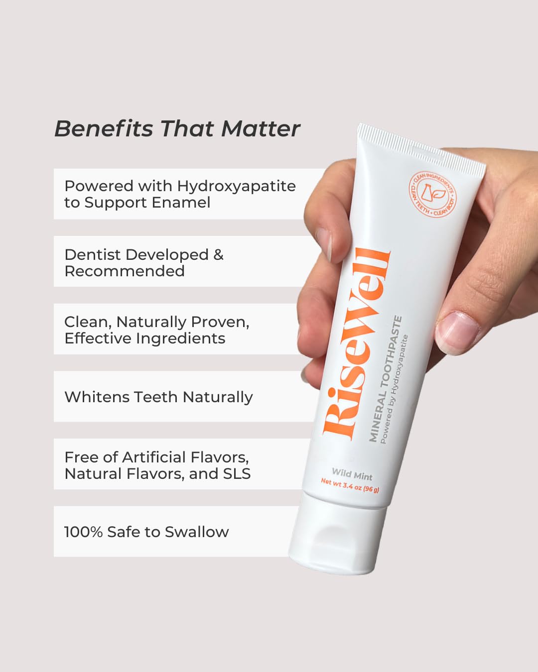 RiseWell hydroxyapatite texture close-up highlighting gentle mineral feel