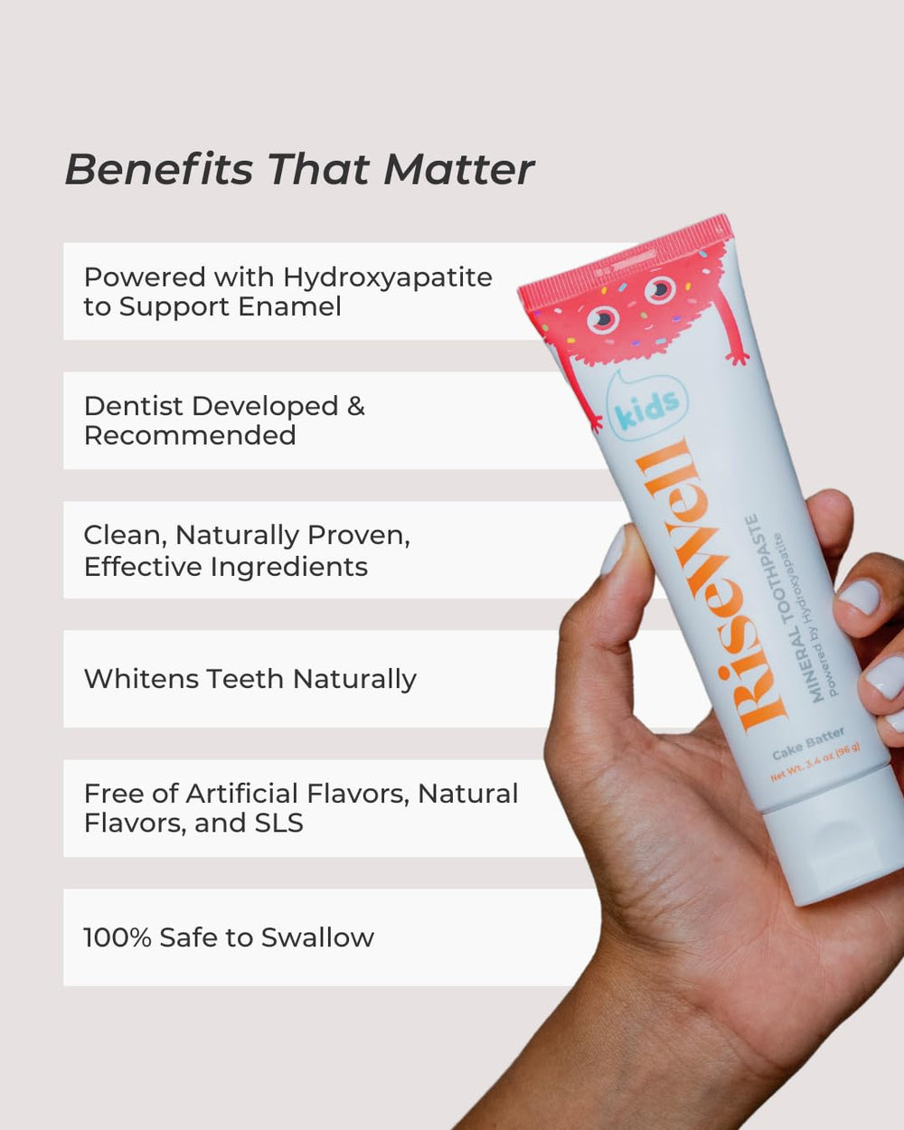 RiseWell close-up texture showing smooth hydroxyapatite paste benefit