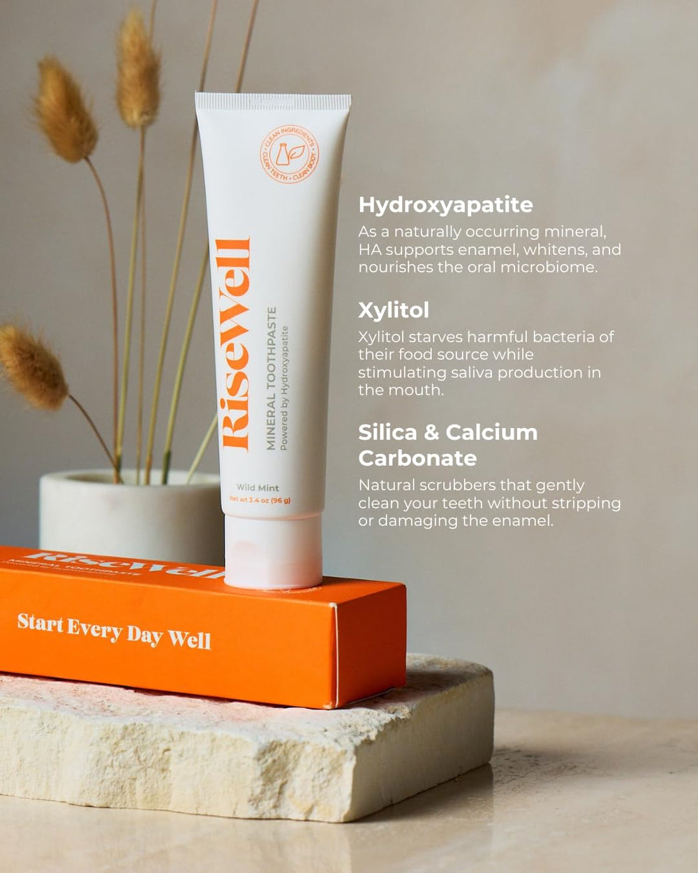 RiseWell tube cap and dispense detail demonstrating easy, mess-free use