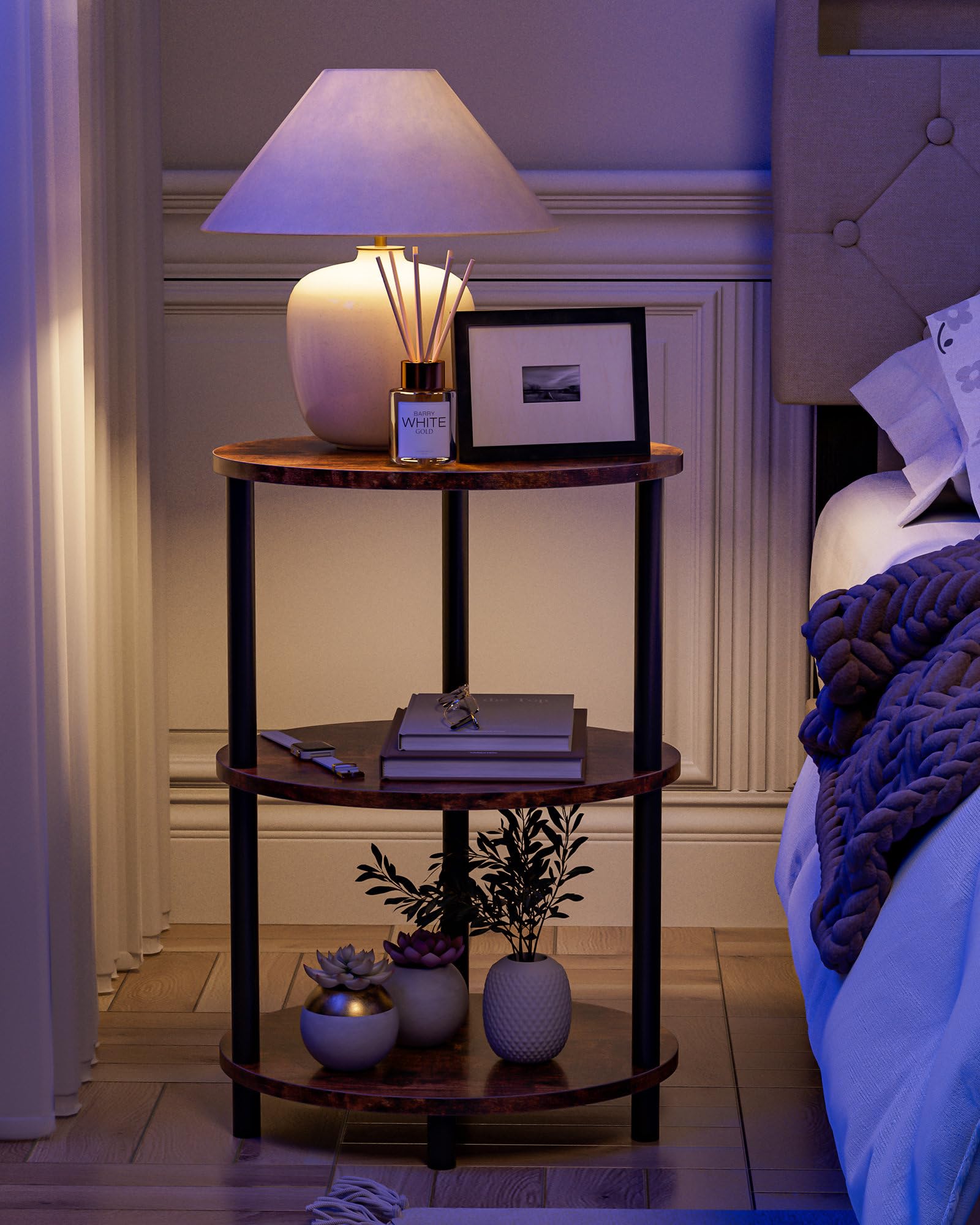 RISWER styled as nightstand beside bed for bedside essentials