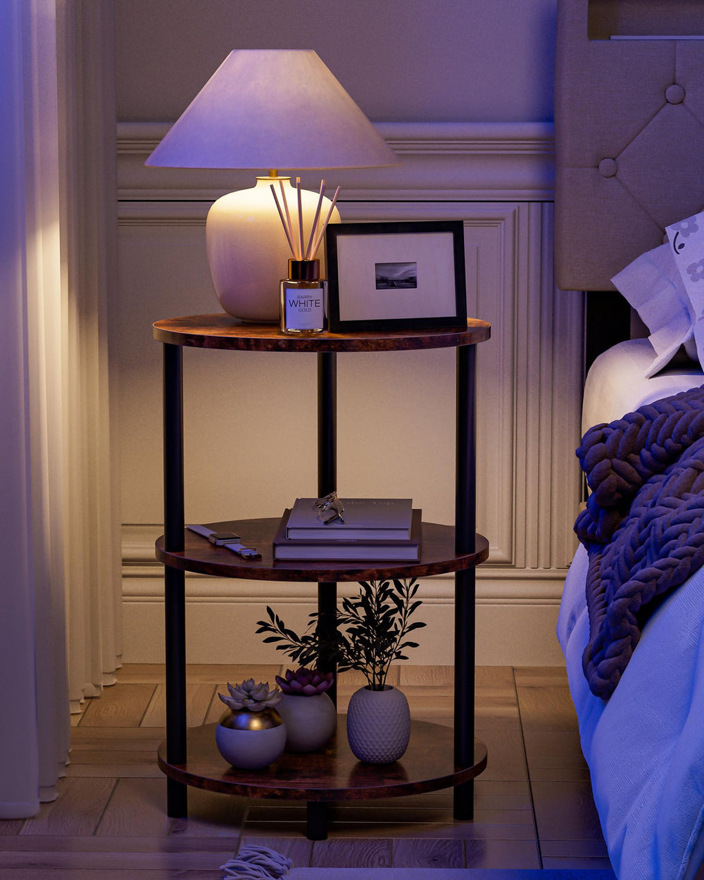 RISWER styled as nightstand beside bed for bedside essentials
