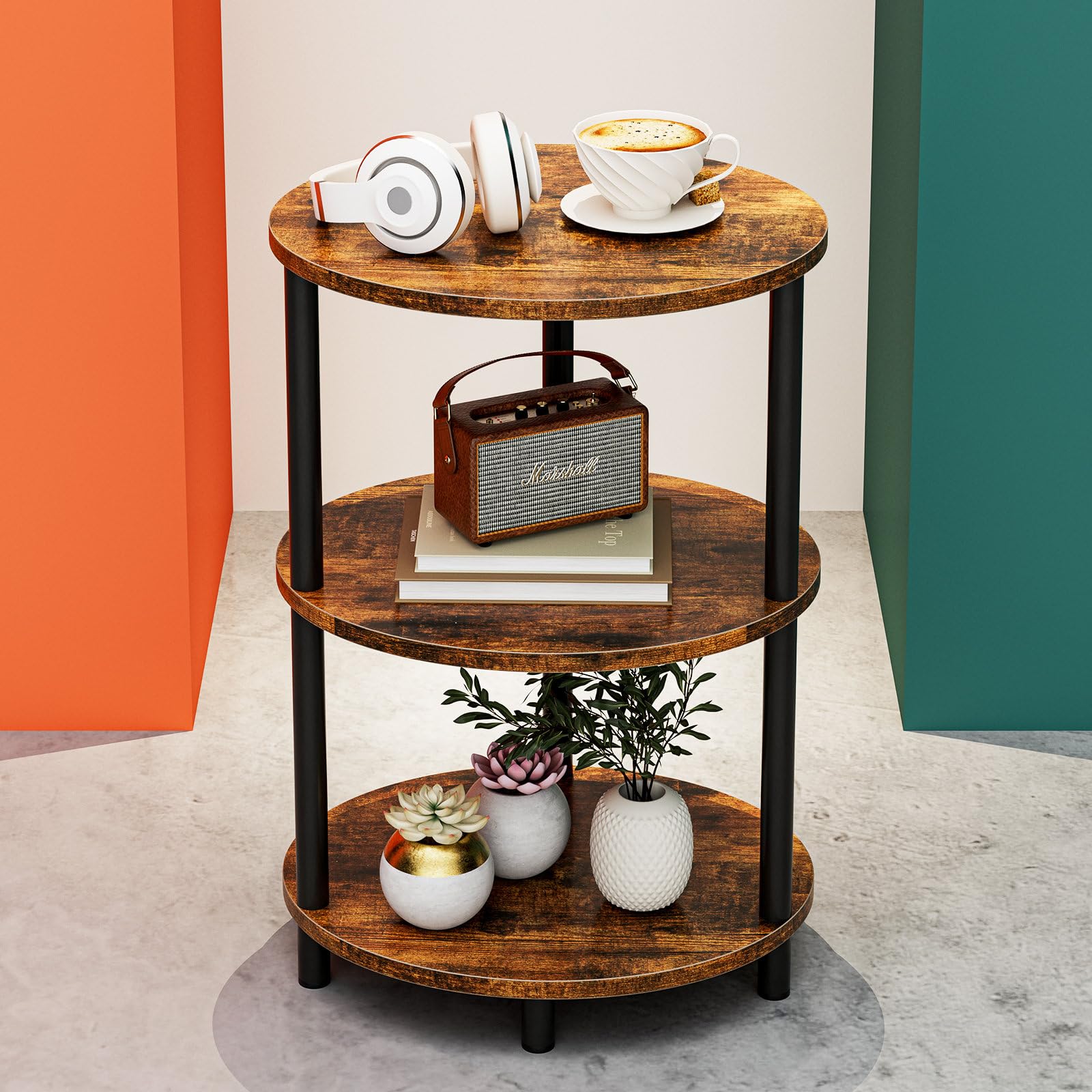 RISWER front view of oval end table showing compact footprint and rustic appeal
