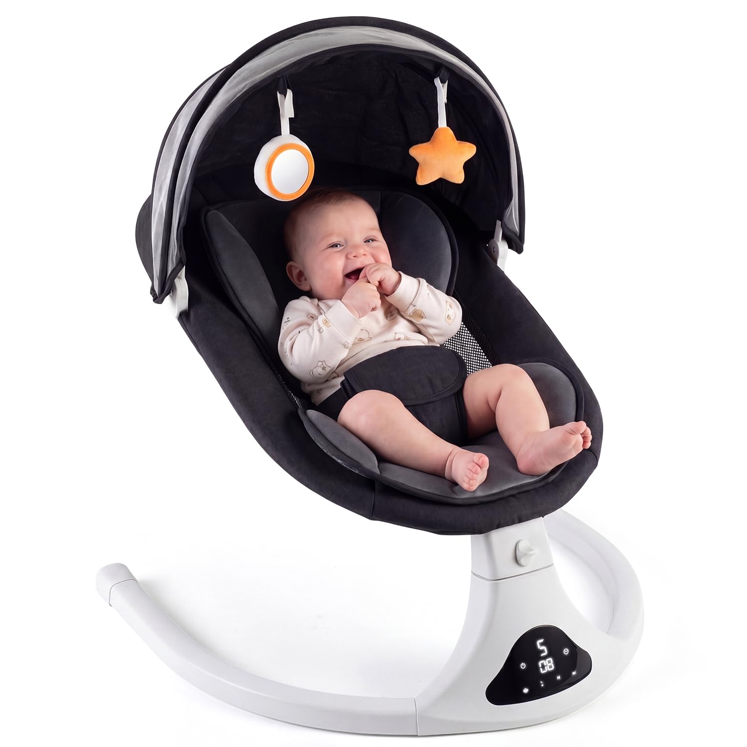 RIVIPLOU front view of electric baby swing showing seat and frame for quick setup
