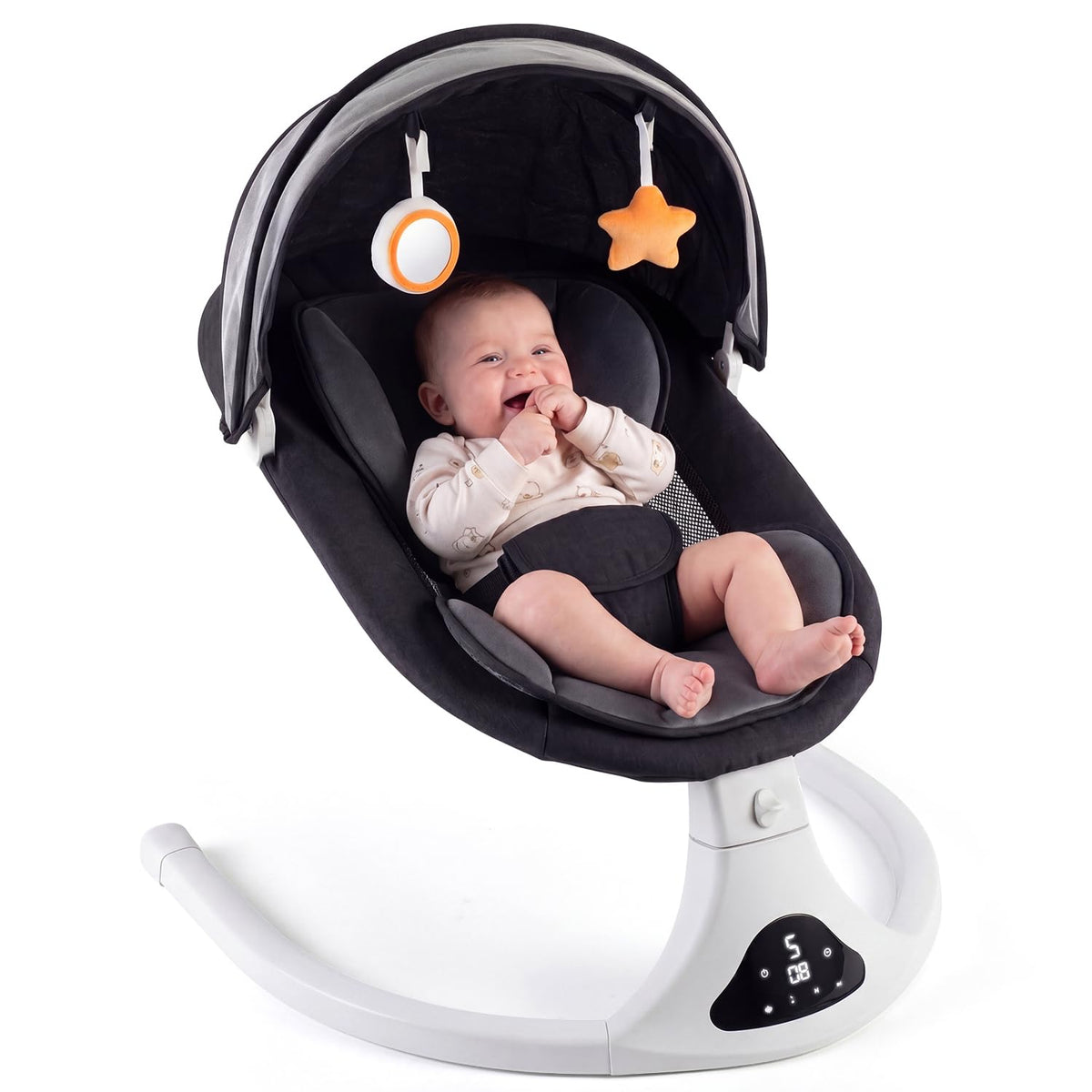RIVIPLOU front view of electric baby swing showing seat and frame for quick setup