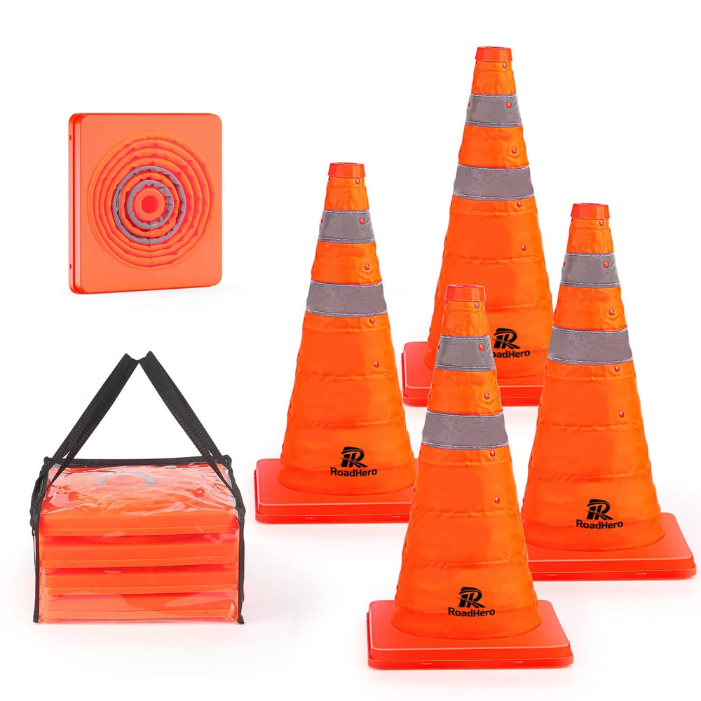 RoadHero front view of four orange cones in carry bag showing portability and kit organization