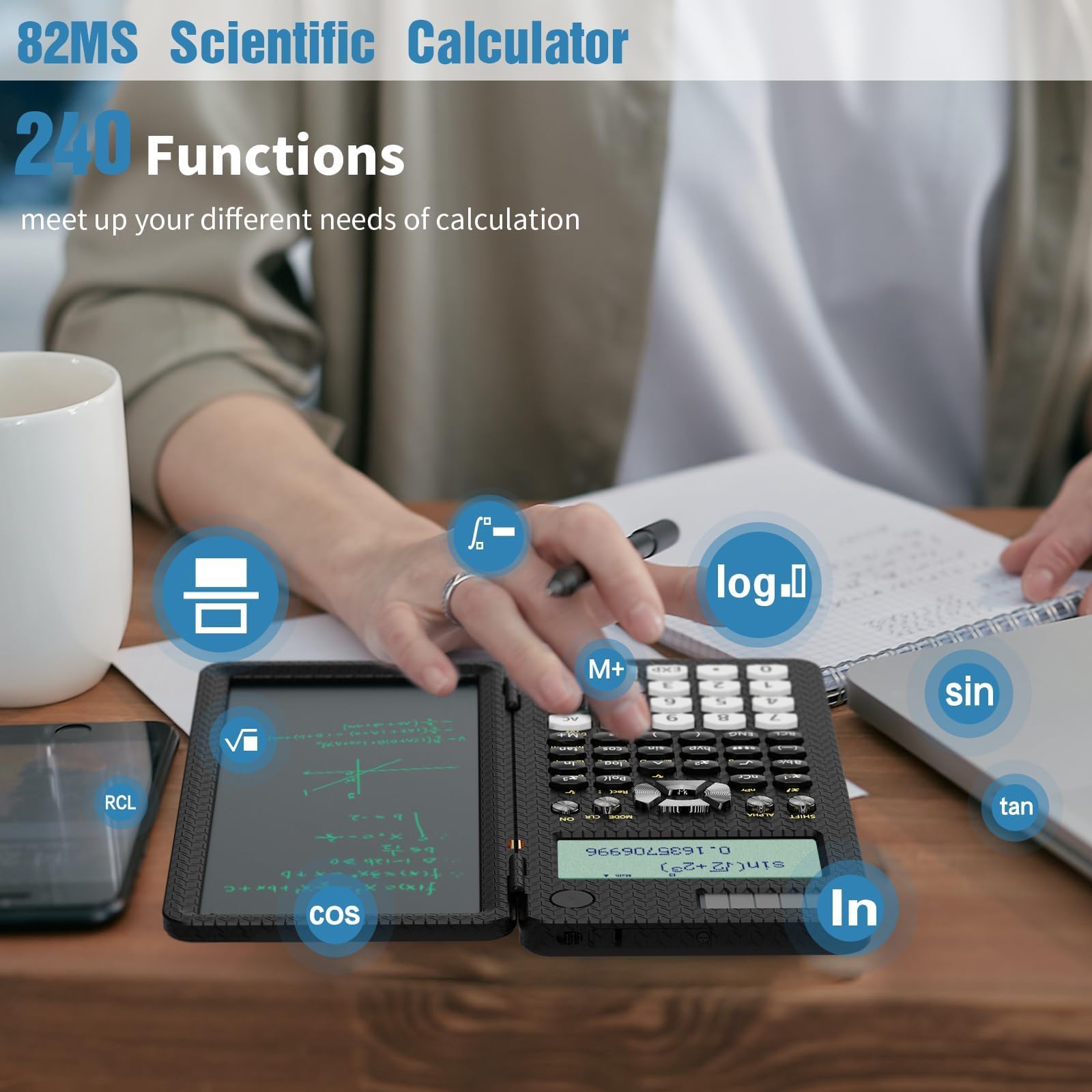 ROATEE 82MS two-line display in use showing simultaneous calculation benefit