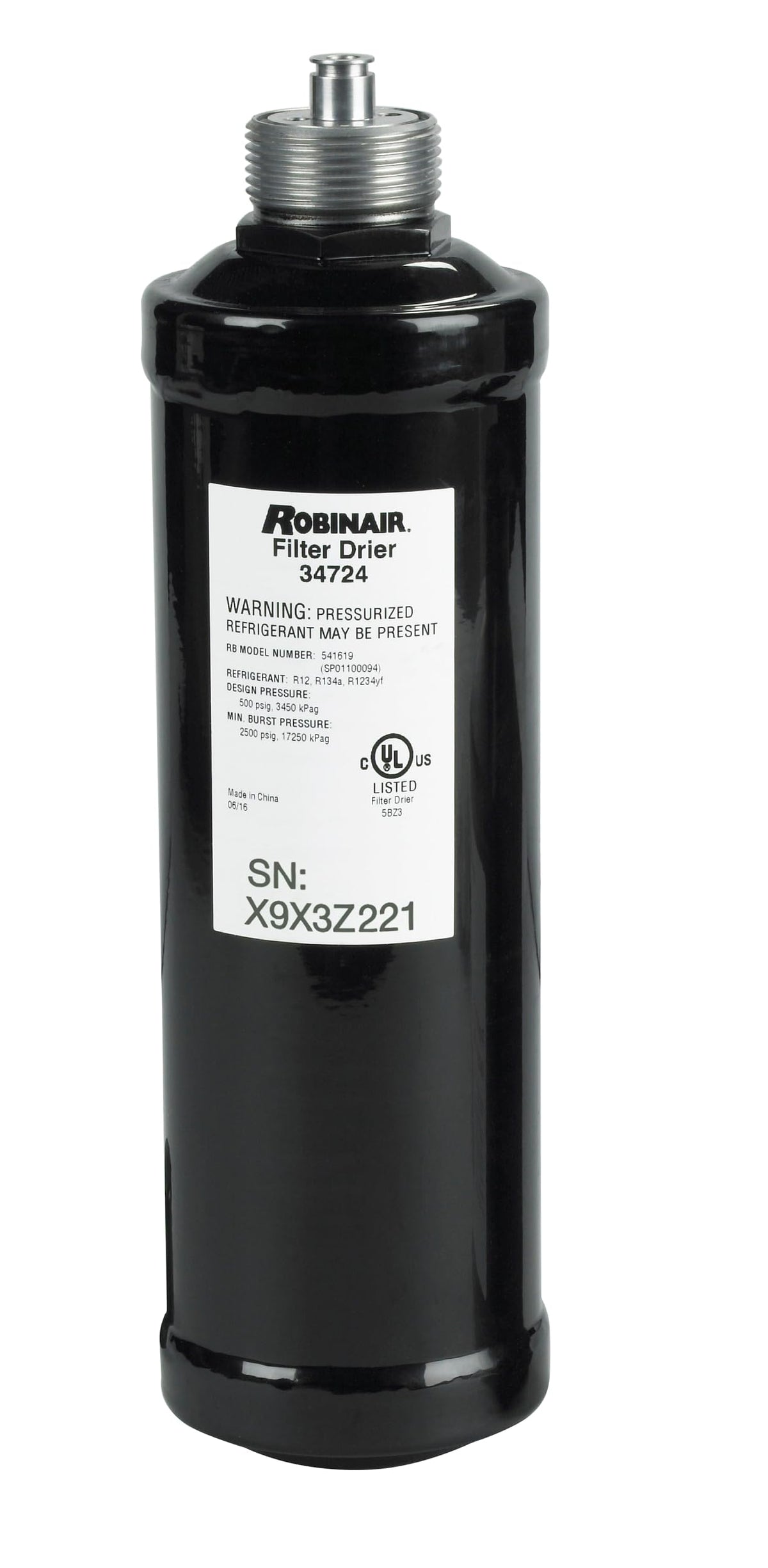 Robinair 34724 front view showing filter-drier and brand for easy identification and correct fit