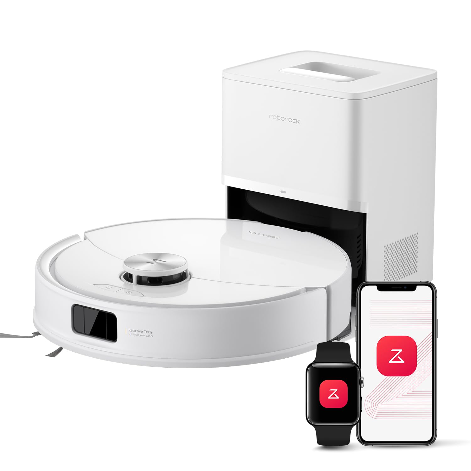 roborock front view showing compact robot and tidy finish benefiting fast floor cleaning