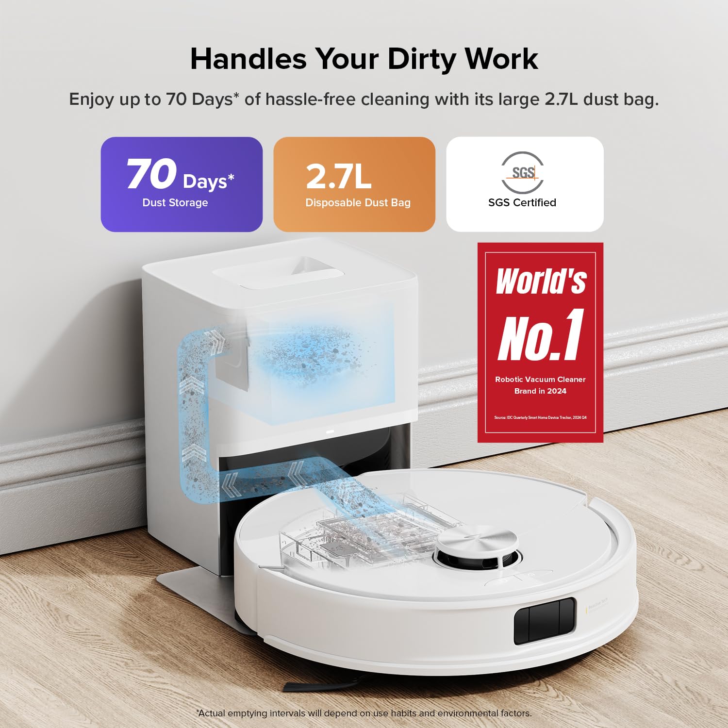 roborock self-empty station with 2.7L dust bag for long hands-free maintenance
