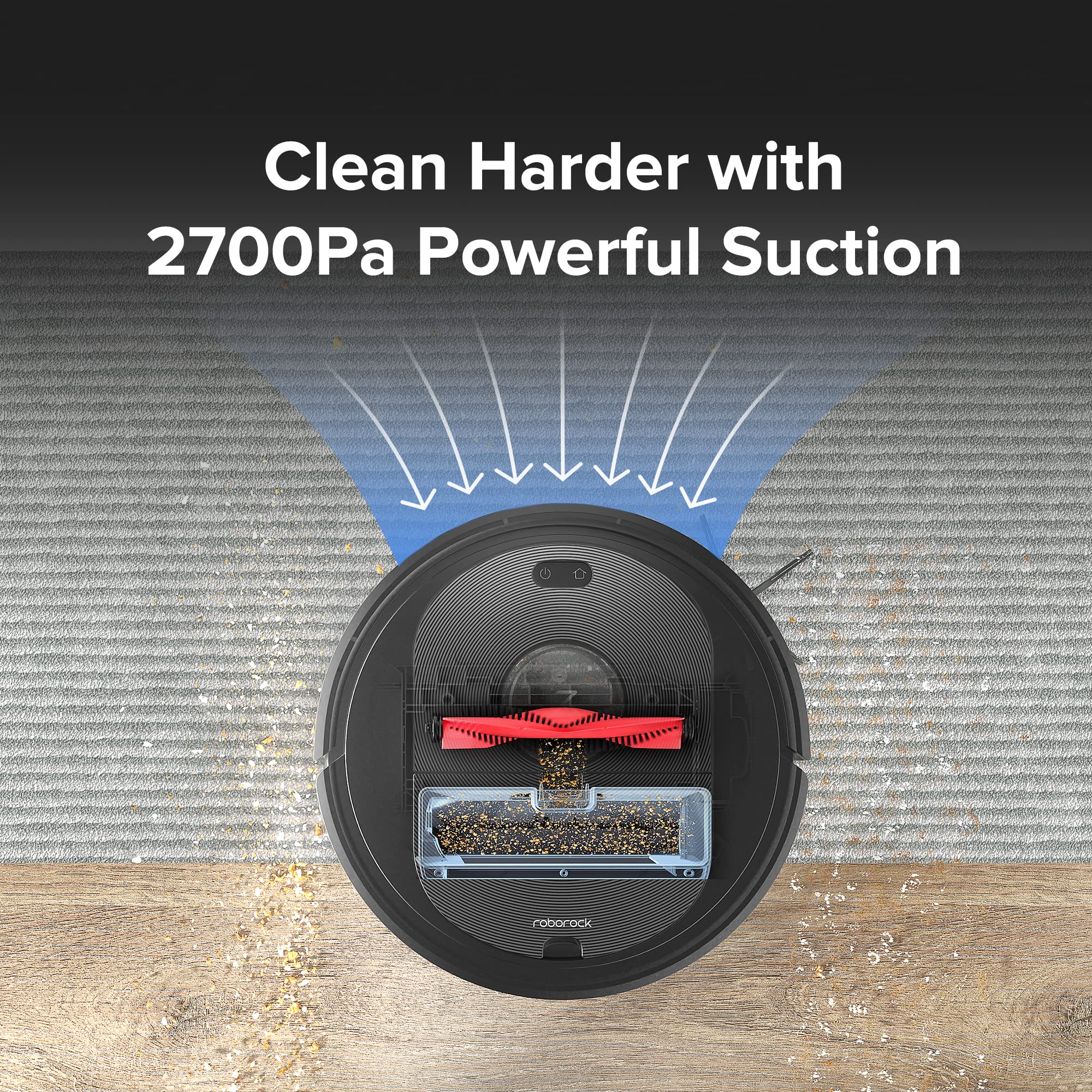 roborock Q5+ 2.5L dust bag close-up, holds weeks of debris for hands-free cleaning