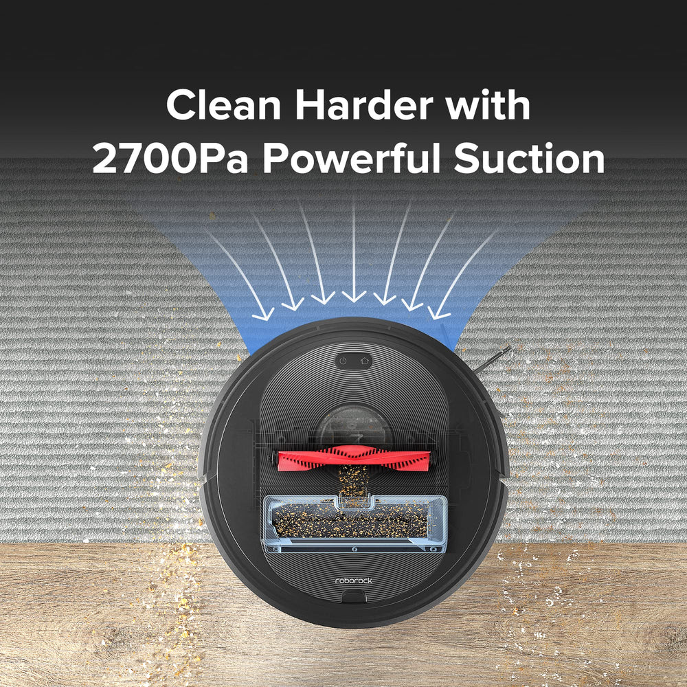roborock Q5+ 2.5L dust bag close-up, holds weeks of debris for hands-free cleaning