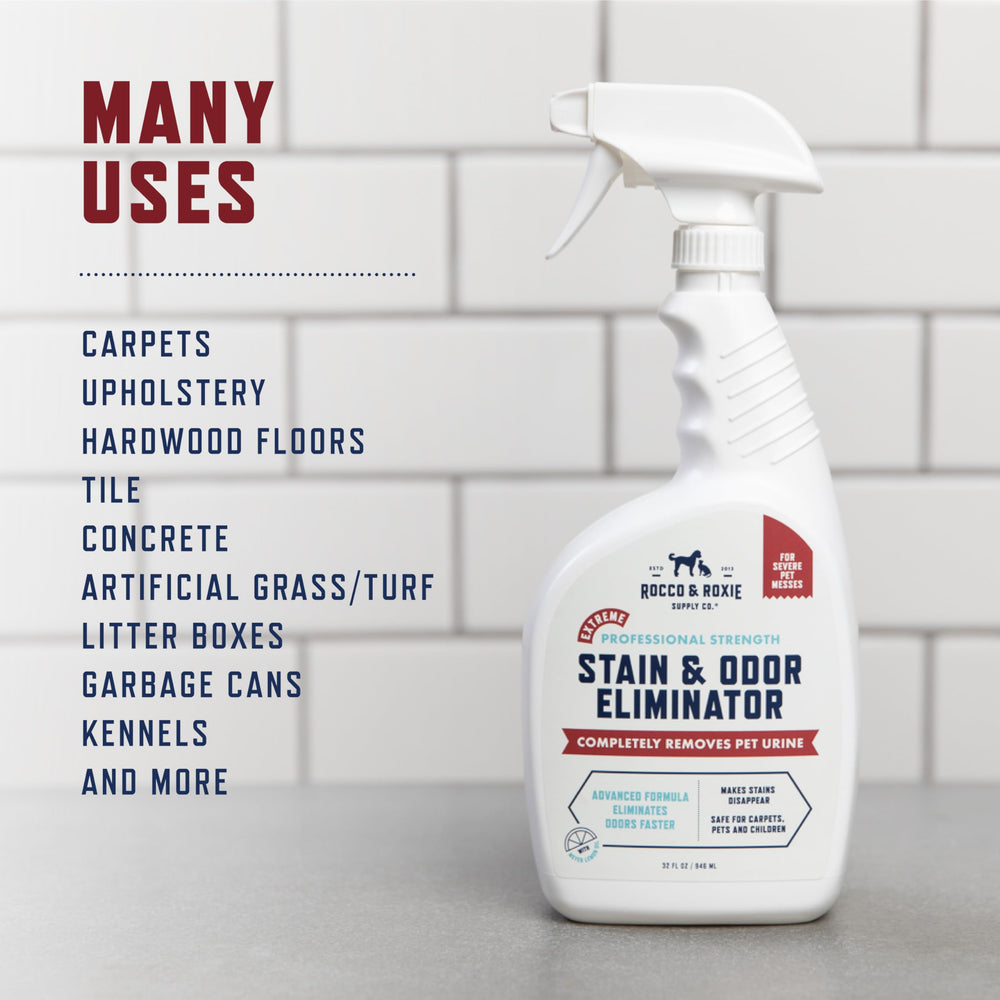 Rocco & Roxie bottle next to household items showing size and portability