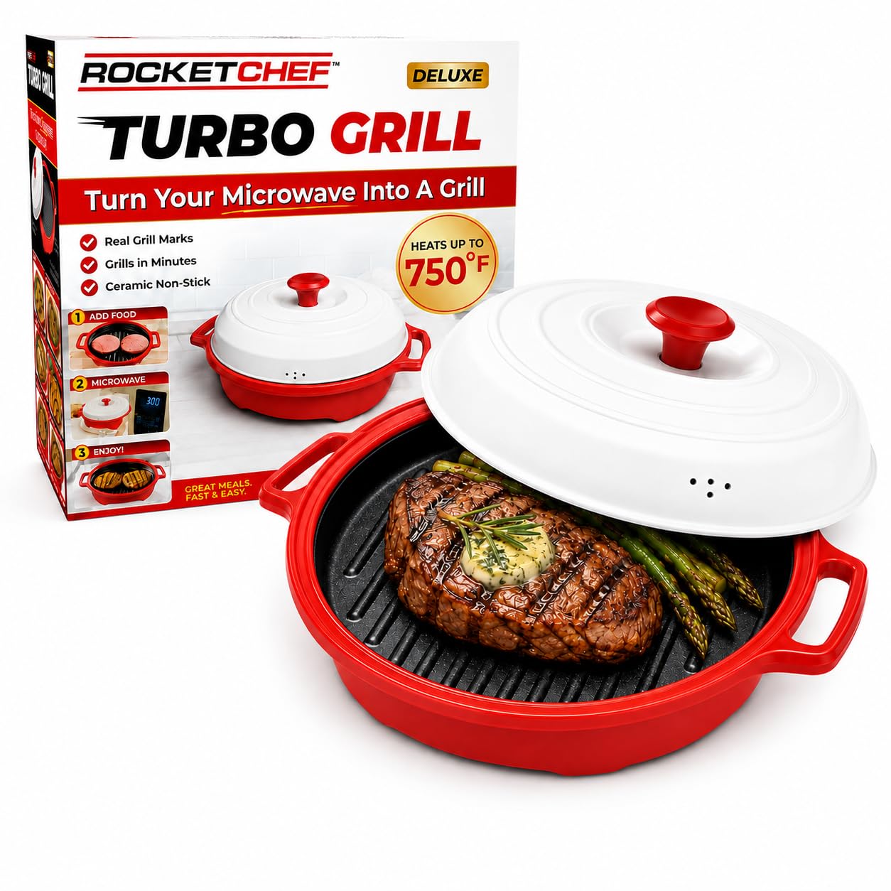 ROCKET CHEF grill with lid front view showing compact design and fast grilling benefit