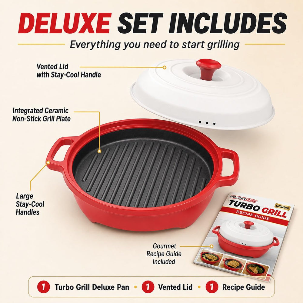 ROCKET CHEF pan inside microwave cooking burger showcasing rapid hot-grill convenience