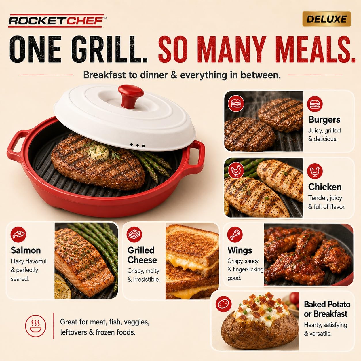 ROCKET CHEF pan beside hand showing size and easy handling benefit