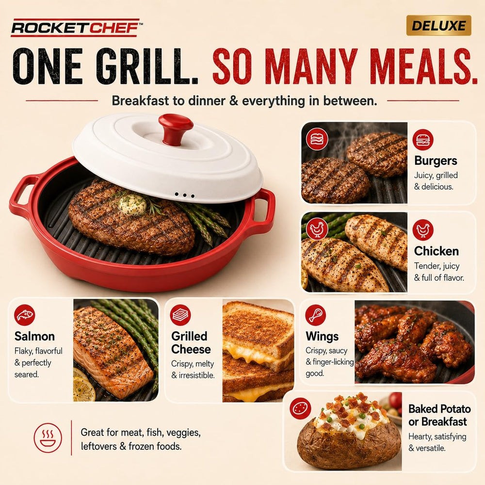 ROCKET CHEF pan beside hand showing size and easy handling benefit