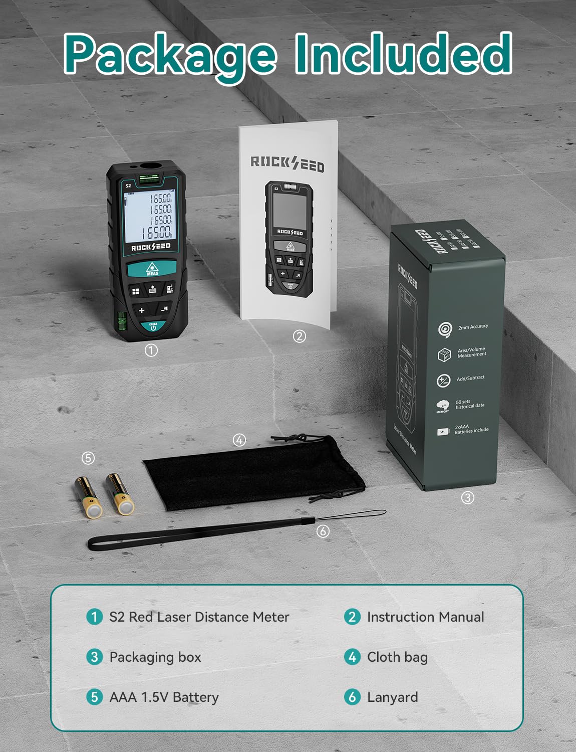 RockSeed packaged with batteries strap manual showing included accessories