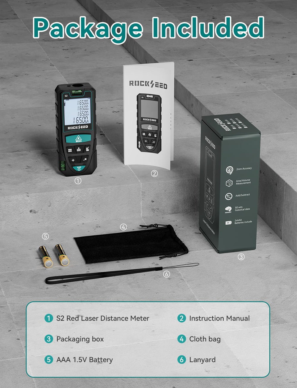 RockSeed packaged with batteries strap manual showing included accessories
