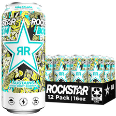 Rockstar can front packaging showing Boom Pina Colada flavor and vibrant design benefit refreshment