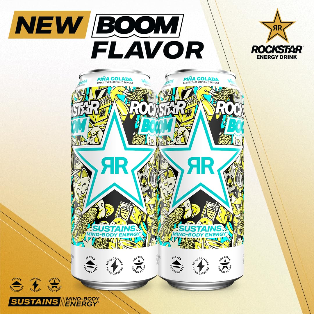 Coconut and pineapple close-up next to Rockstar can showing flavor ingredients and tropical taste