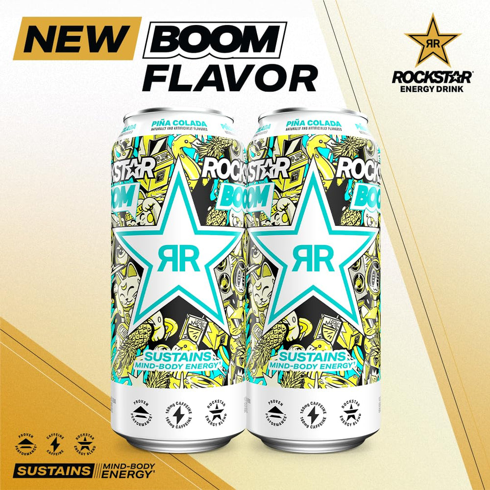 Coconut and pineapple close-up next to Rockstar can showing flavor ingredients and tropical taste