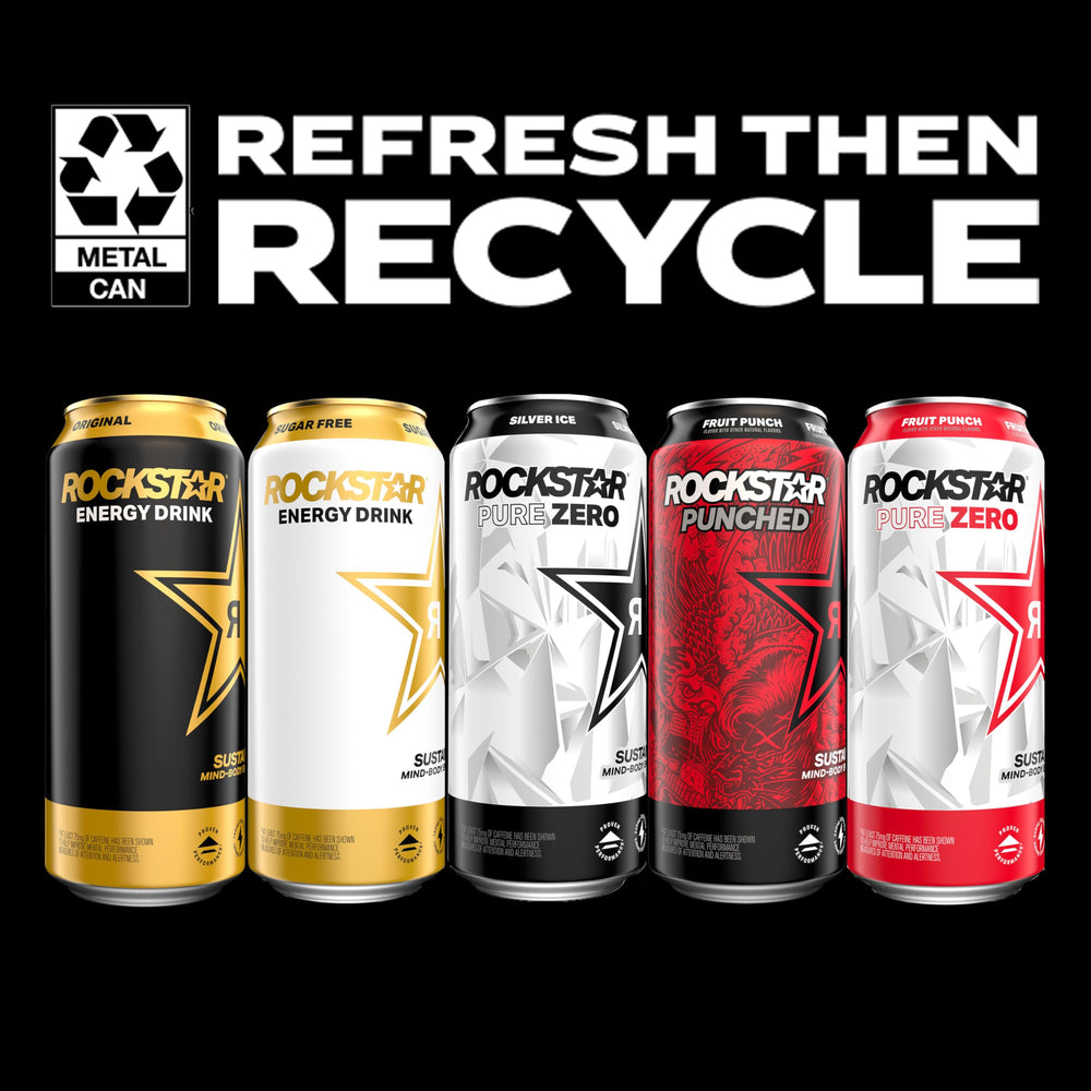 Recycling symbol on Rockstar can emphasizing recyclable packaging and eco-aware disposal