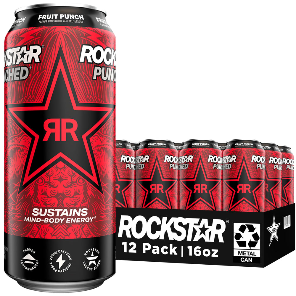 Rockstar front can showing Fruit Punch branding and bold flavor benefit
